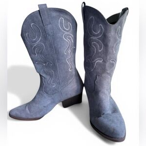 Embroidered Faux Suede Cowboy Boots Size 9-9.5